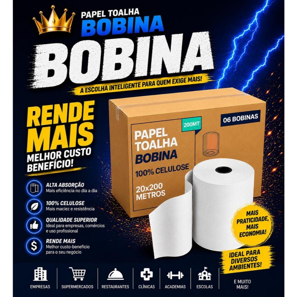 Papel Toalha Bobina de Auto Corte Rolo de 20cm x 200 Metros 6 Rolos