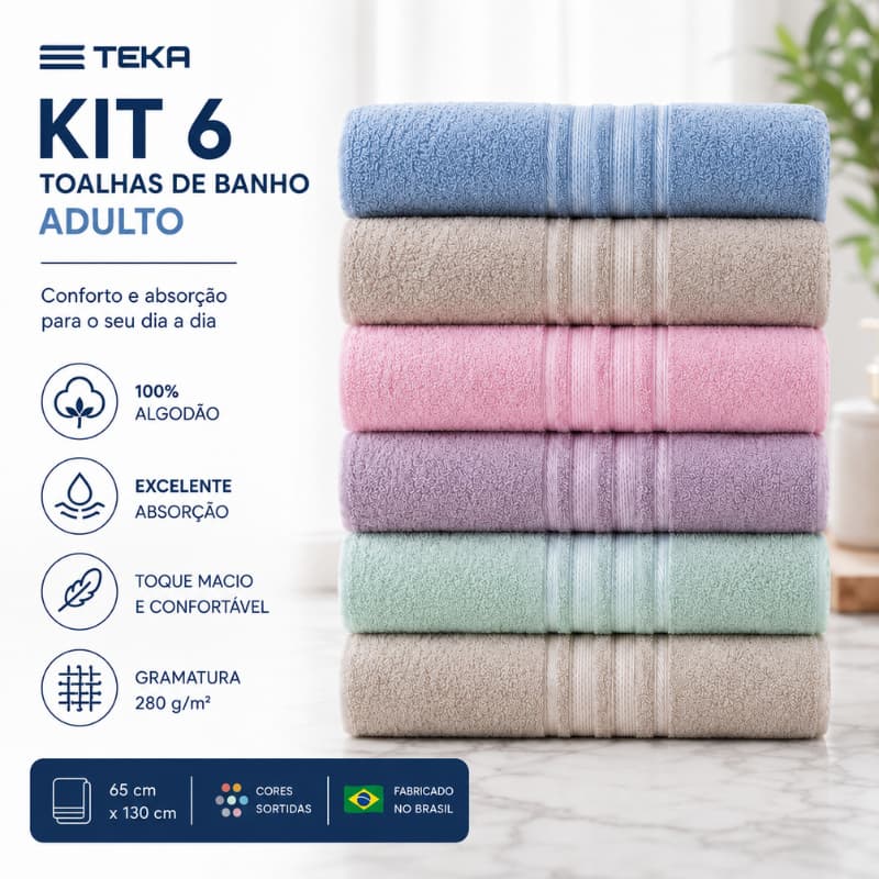 Kit 6 Toalhas Banho Teka Escala 65x130cm 280g 100% Algodao Felpuda Profissional Hotel Academia Pousada