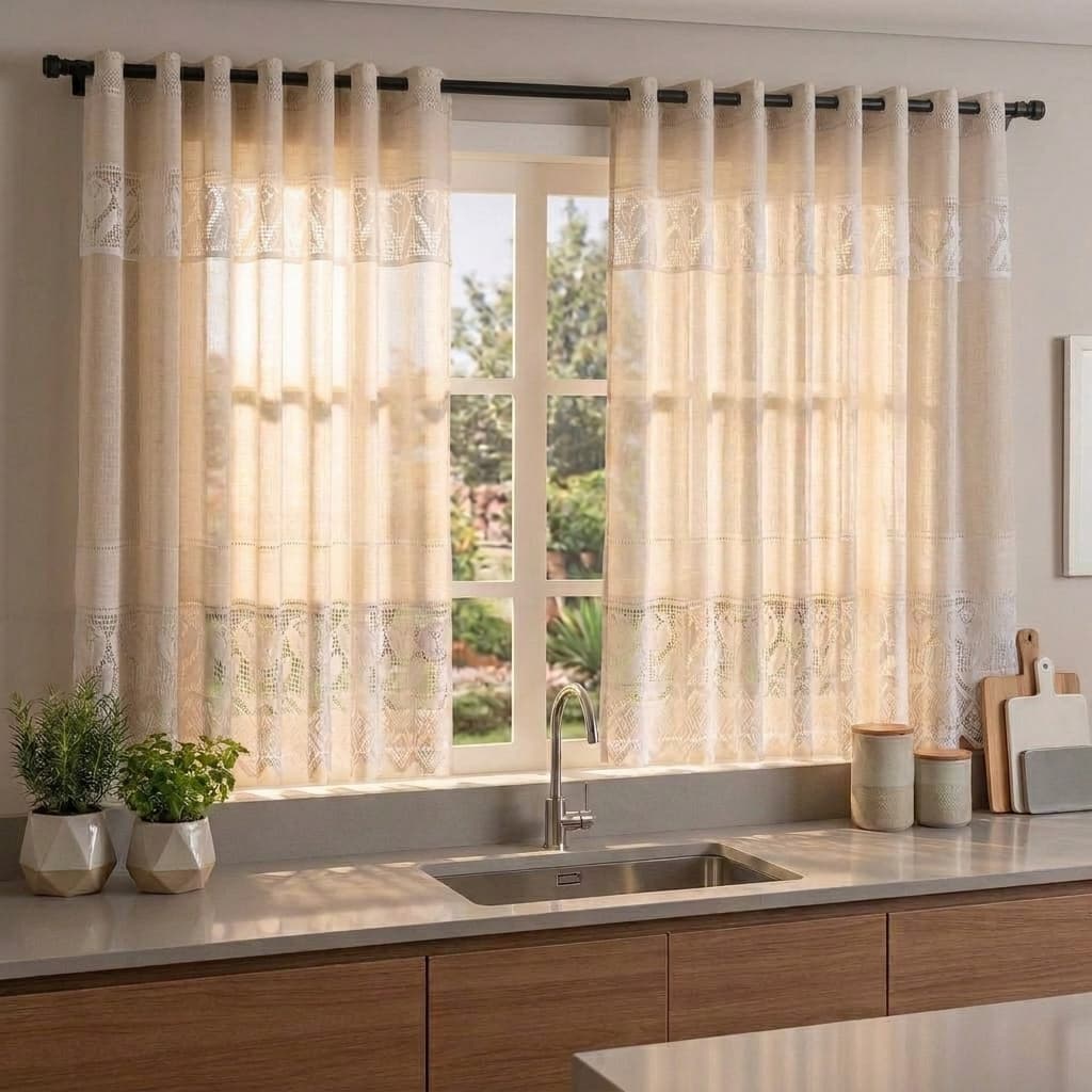Cortina de Janela Cozinha Renda Tulipa com Bando 1,20m x 2,20m Bege - 2 Folhas