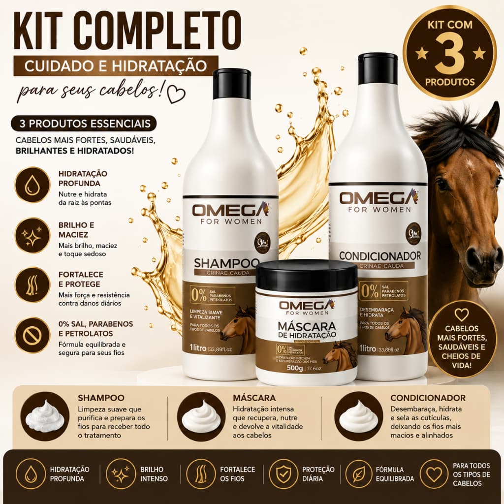 Kit Crina e Cauda Shampoo Condicionador 1L + Máscara 500g Omega Hair