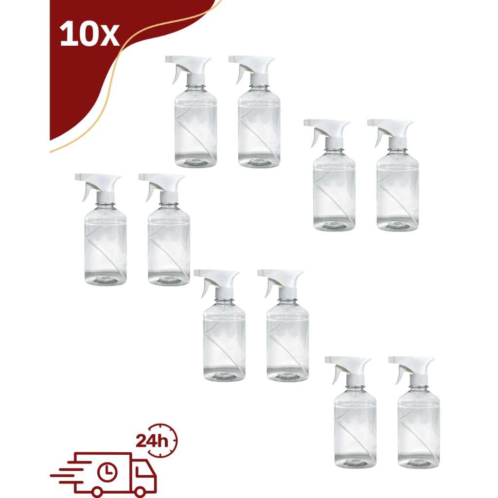 Kit 10 Borrifador Pulverizador Frasco 500ml Transparente Jato Fino Regulável Válvula Reforçada Ideal Para Limpeza