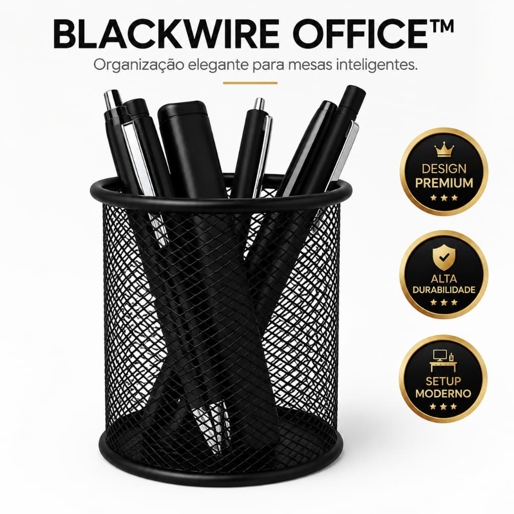 Organizador Porta Canetas Aramado Preto Mesa Escritório Home Office Aço Premium Moderno