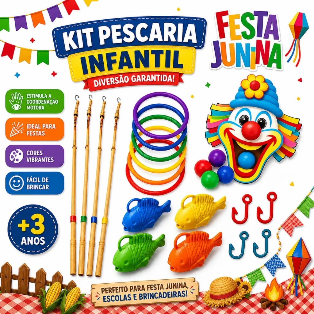 Kit Festa Junina 10 Argolas + 10 Peixes + 4 Varas 65cm + 4 Anzois + 1 Boca Do Palhaço + 5 Bolinhas Brincadeira Quermesse