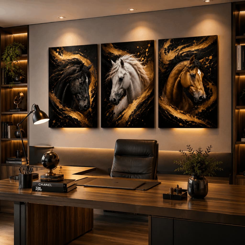 Kit 3 Quadros Decorativos Cavalos Preto Branco Dourado Sala Quarto MDF