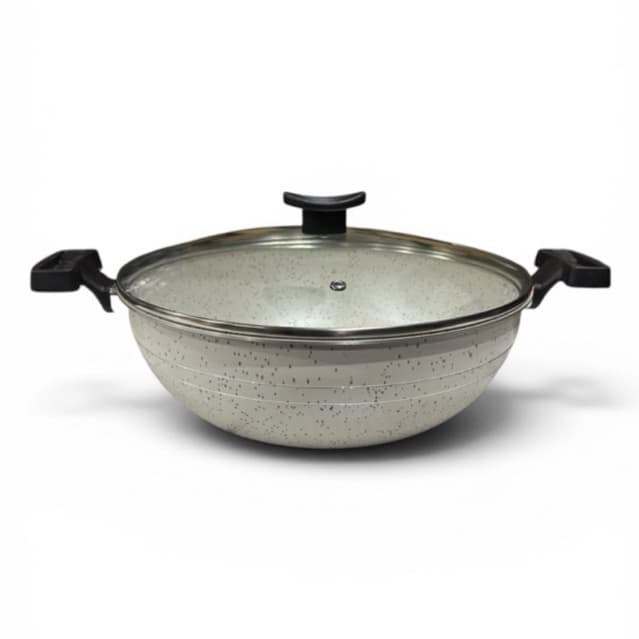 Frigideira Wok 28cm 4L 1,7mm Tampa de Vidro Antiaderente 7 Camadas Teflon Efeito Granito