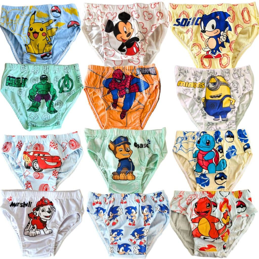 Kit 6 Cuecas Bebê Infantil Personagens 100% Algodão - Tamanho P - M - G Veste de 1 a 8 Anos
