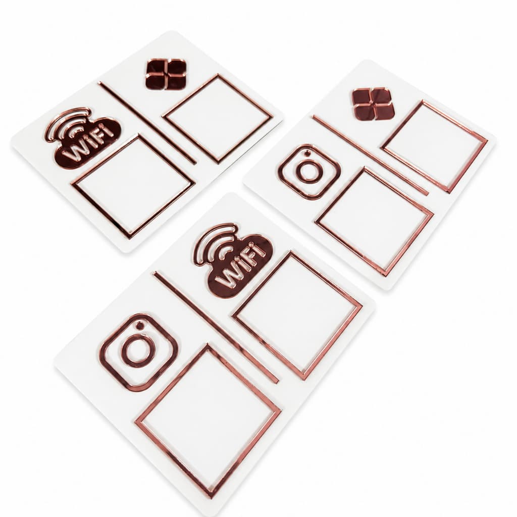 Placa QR Code Acrílico WiFi Pix Instagram | 2 QR Codes Parede | Branco com Rosê 16x13cm