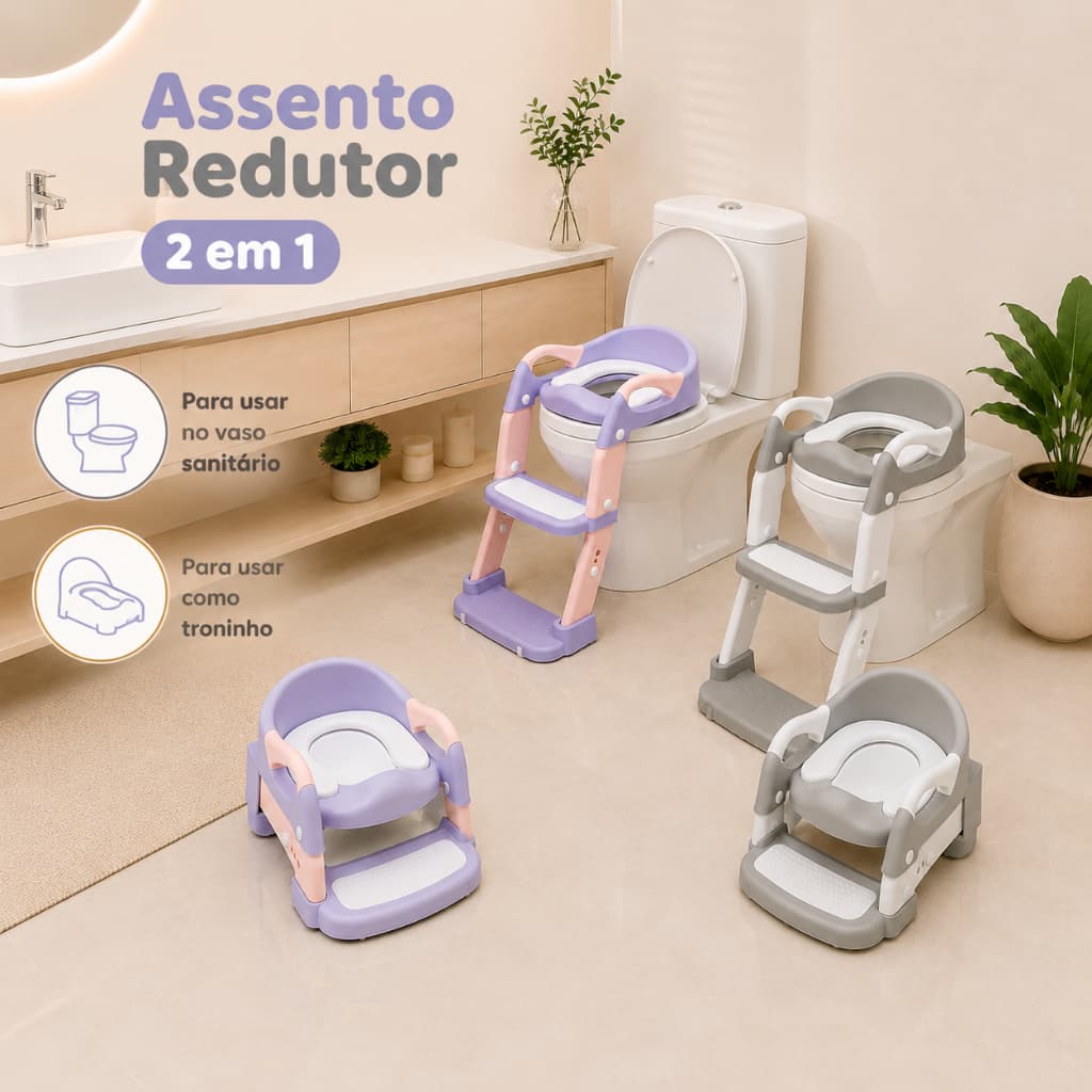 Assento Redutor 2 em 1 Infantil Bebê Desfralde com Escada para Vaso Sanitário Vira Troninho