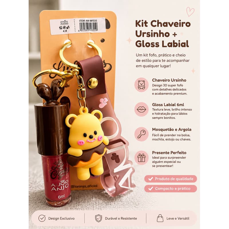 🐻✨ Kit Chaveiro Ursinho + Gloss Labial 6ml ✨🐻
