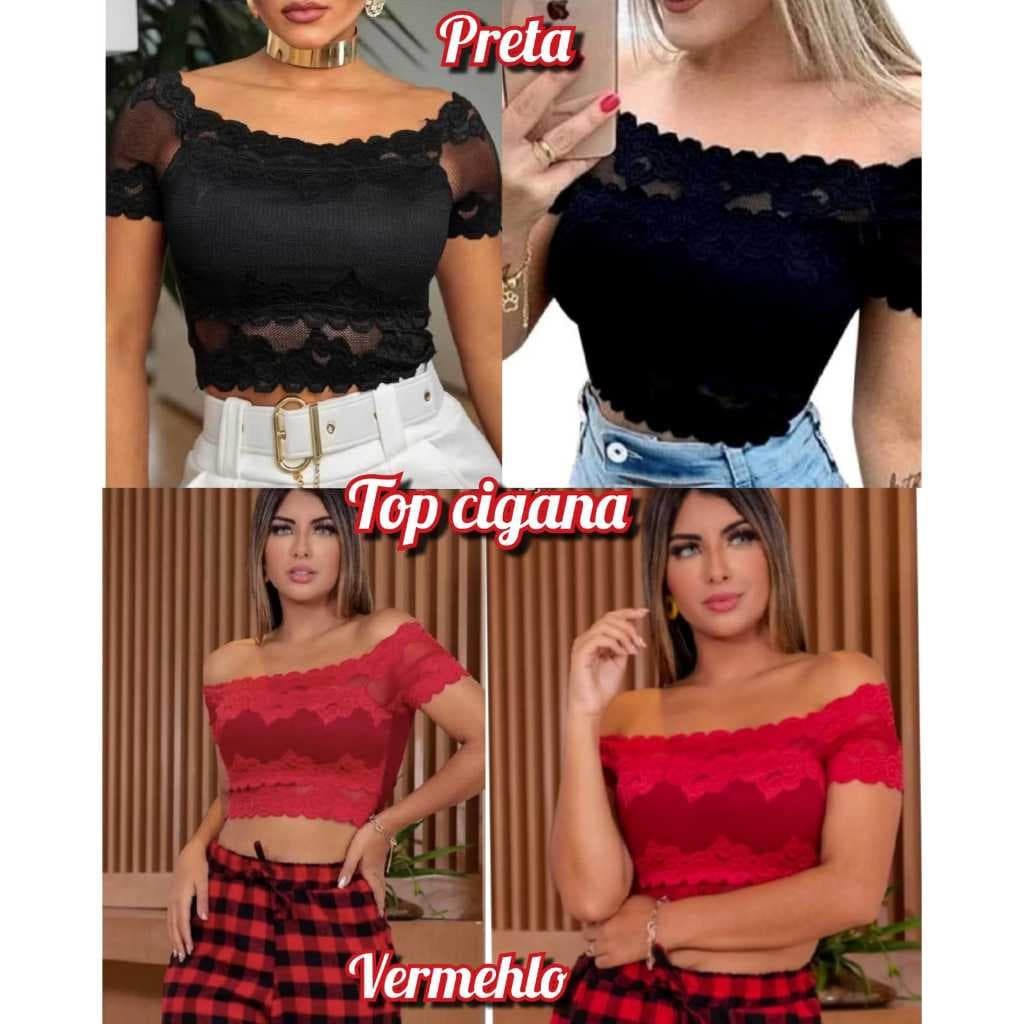 CROPPED CIGANA OMBRO A OMBRO RENDA MODA FEMININA MODA TENDENCIA,TOP MANGA CURTA, BLUSA RENDA FEMININO,