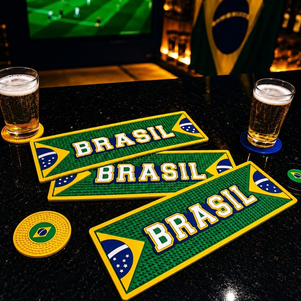 Kit Tapete Brasil Barmat + 6 Porta Copos Escorredor Emborrachado Conjunto Antiderrapante Bar Bebida
