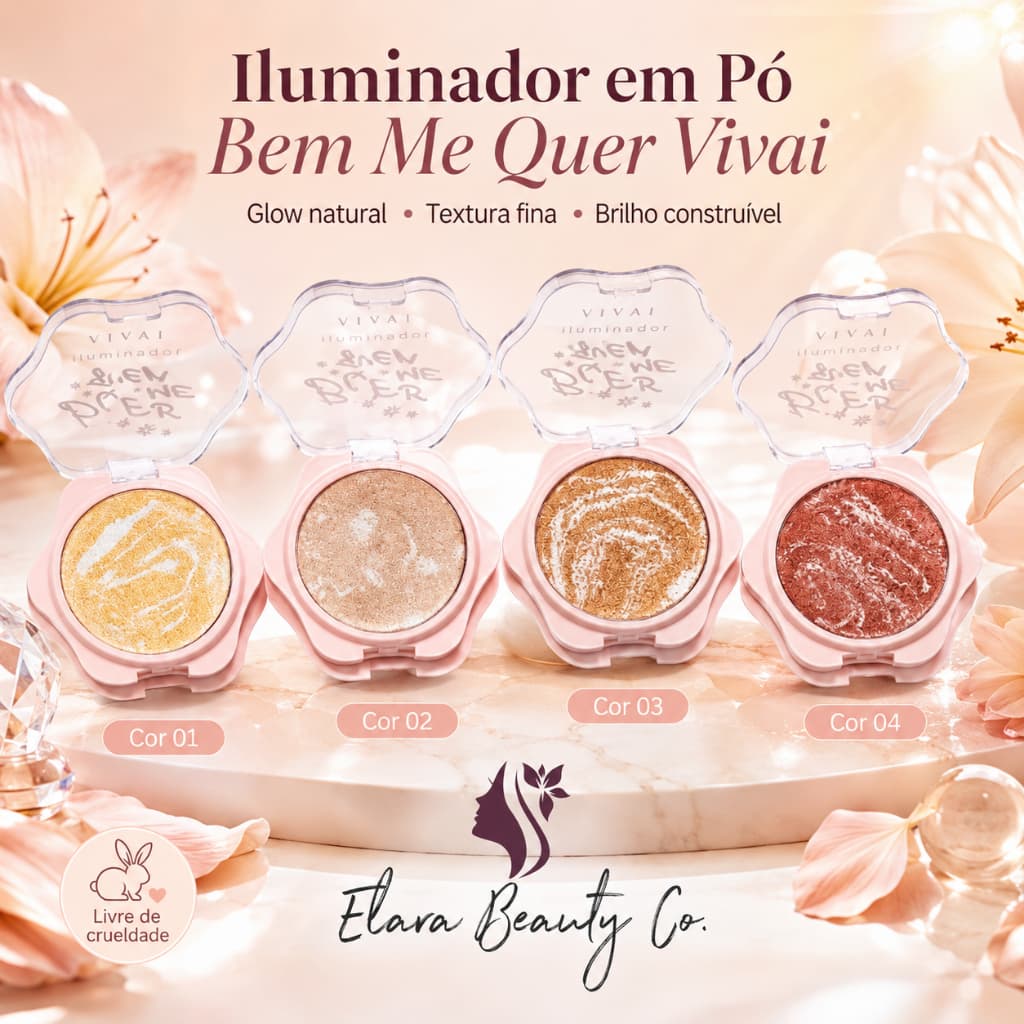 Iluminador em Pó Bem Me Quer Vivai Glow Natural Brilho Maquiagem 4 Cores