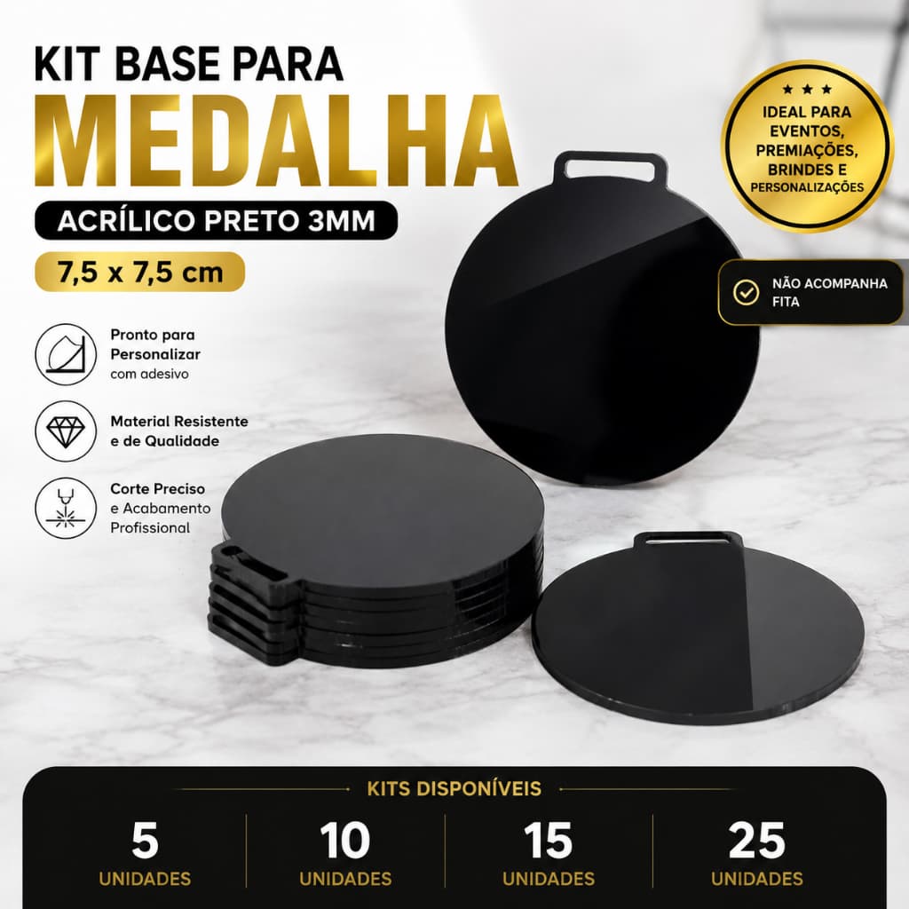 Kit Base Medalha Acrílico Preto 7,5x7,5cm 3mm | Placa Redonda para Personalizar com Adesivo