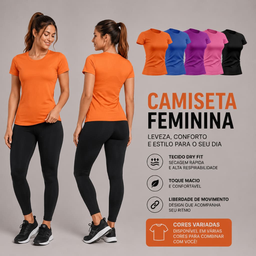 Kit 5 Camisetas Feminina Manga Curta Dry Fit Proteção Solar