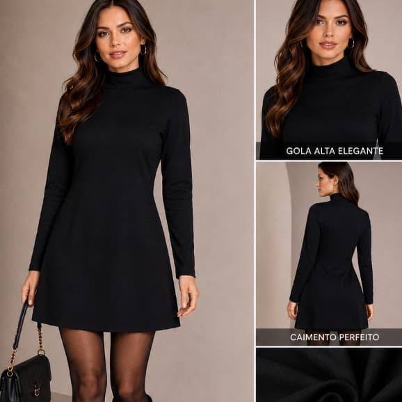 Vestido Feminino Gola Alta Manga Longa Curto Suedine Confortavel Tendencia 2026 Meia Estação