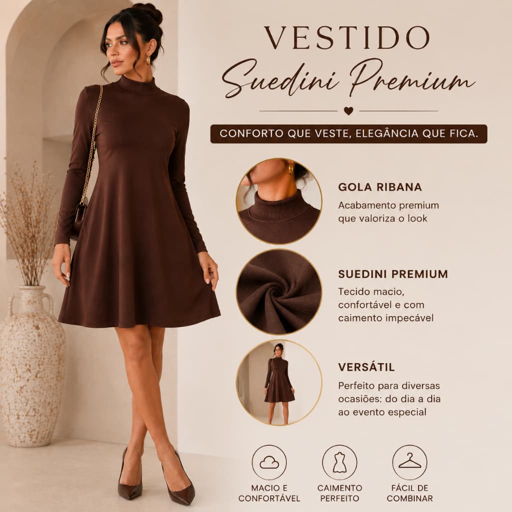 Vestido Curto Feminino Manga Longa Gola Alta Ribana Suedine Premium Outono Inverno Elegante Zero Transparencia Evase