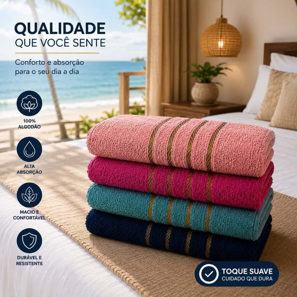 Kit 4 Toalhas Linda Luxo 70x130cm Grossa 100% Algodão Toalhas De Banho Macias