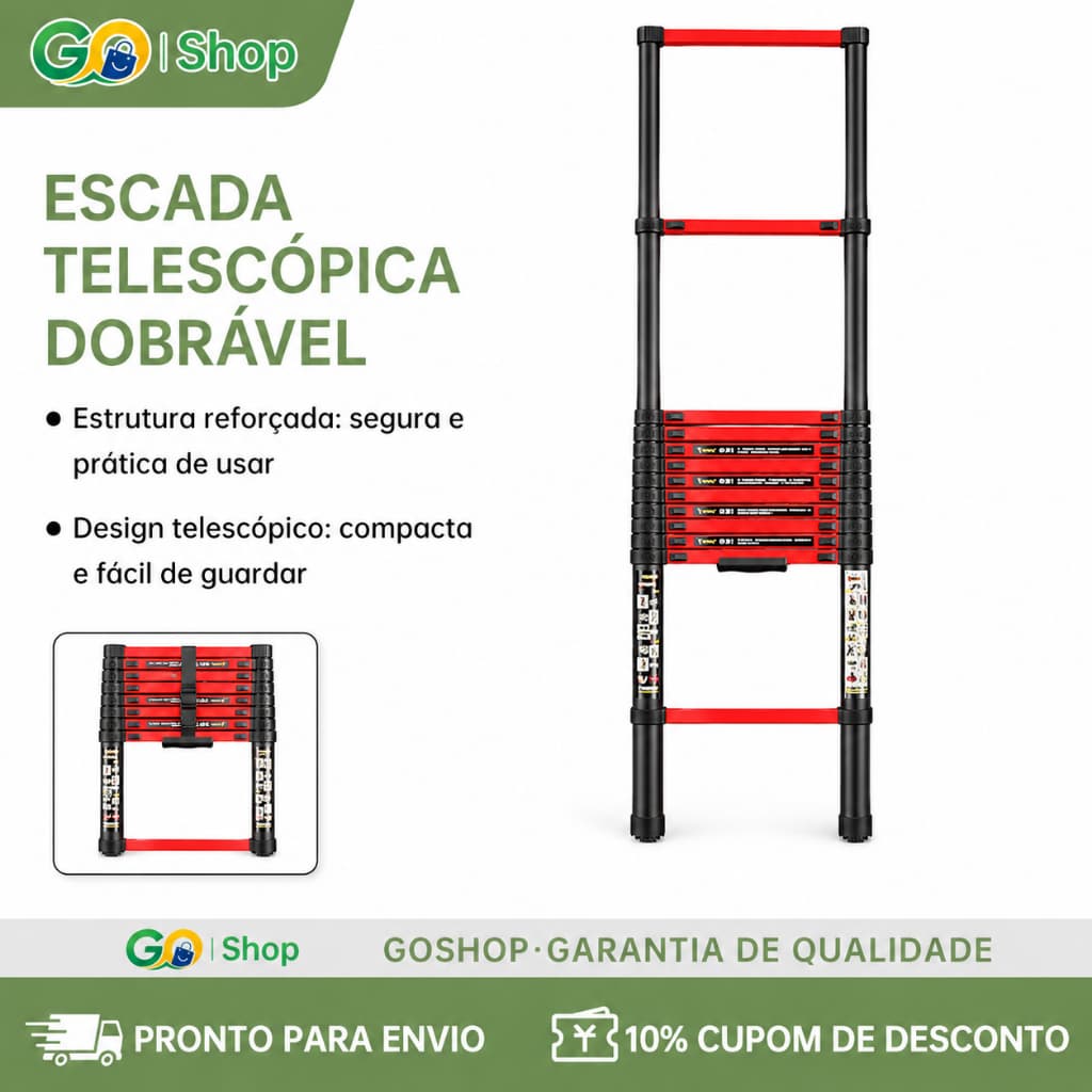 Escada Telescópica Dupla GOSHOP 5m 13 Degraus Dobrável Alumínio Uso Doméstico e Profissional