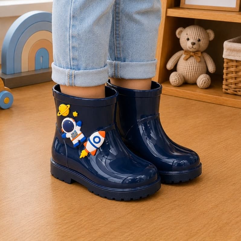 Bota Infantil Menino Galocha Cano Baixo Personagem Astronauta Foguete Confortável Solado Tratorado Botinha Impermeável