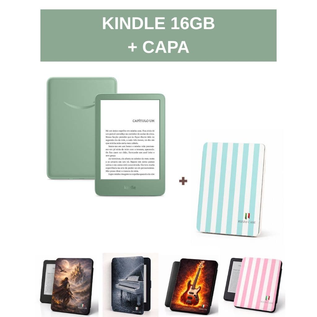 Combo Leitor Digital Kindle Verde 16GB + Capa com Estampas Exclusivas