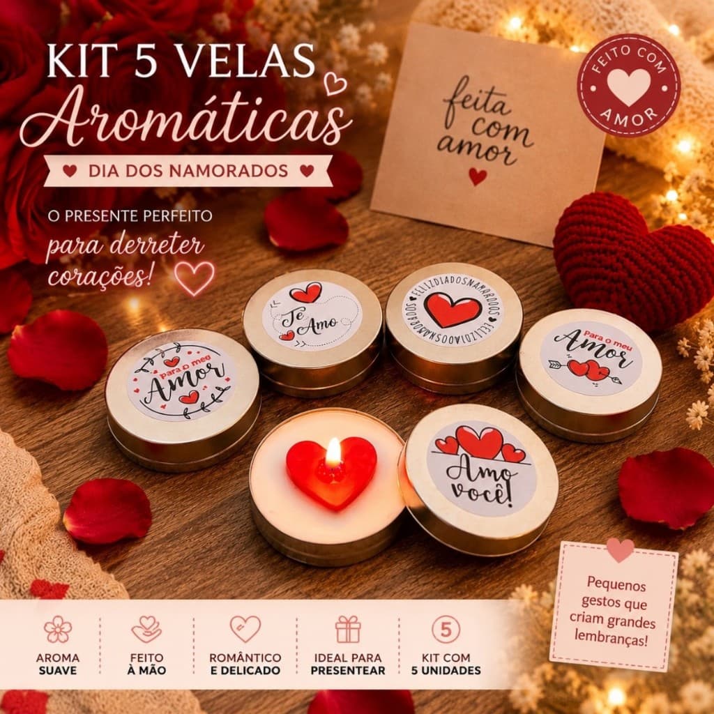 Velas Aromáticas Românticas Dia dos Namorados| kit com 5 Mini Velas | Lembrancinha |Presente Criativo para Namorado(a)