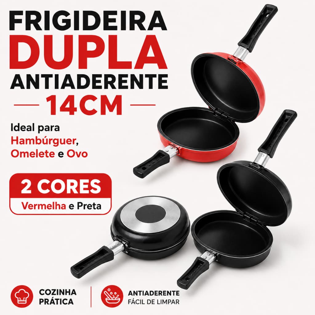 Frigideira Hamburgueira Dupla Antiaderente 14Cm Alumínio Preta ou Vermelha