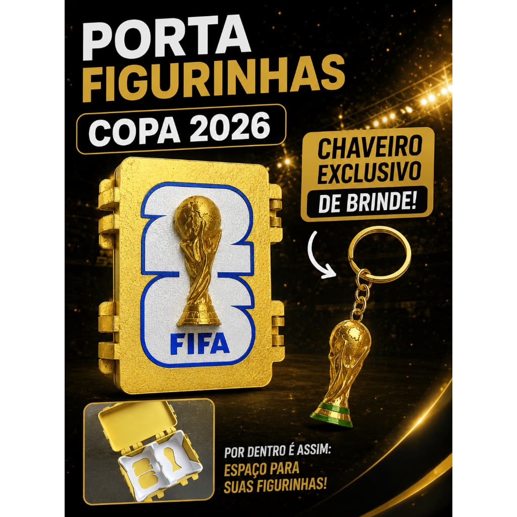 Porta Figurinhas Copa 2026 Álbum Organizador com Chaveiro Exclusivo Dourado