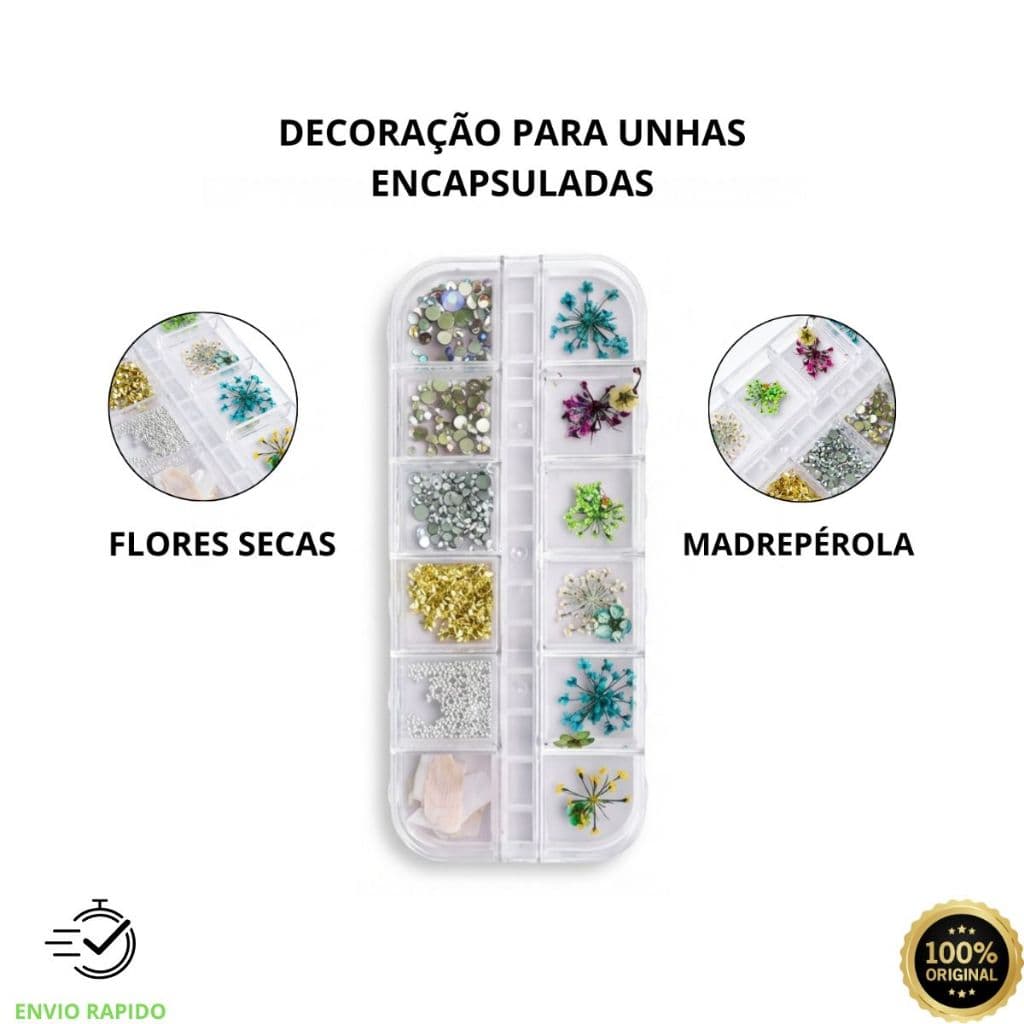 Decoração para Unhas Flor Seca + Strass + Madre Pérola