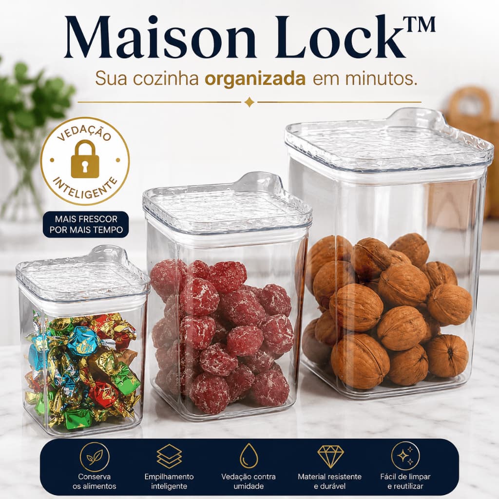 Kit 3 Potes Herméticos Quadrados Organizador Cozinha Tampa Vedação Mantimentos Transparente