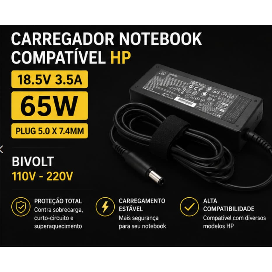 Fonte carregador compatível P/ Notebook Hp 18,5v 3.5a 65w Plug Grosso Hp 2560p 8440p 8460p 4510s