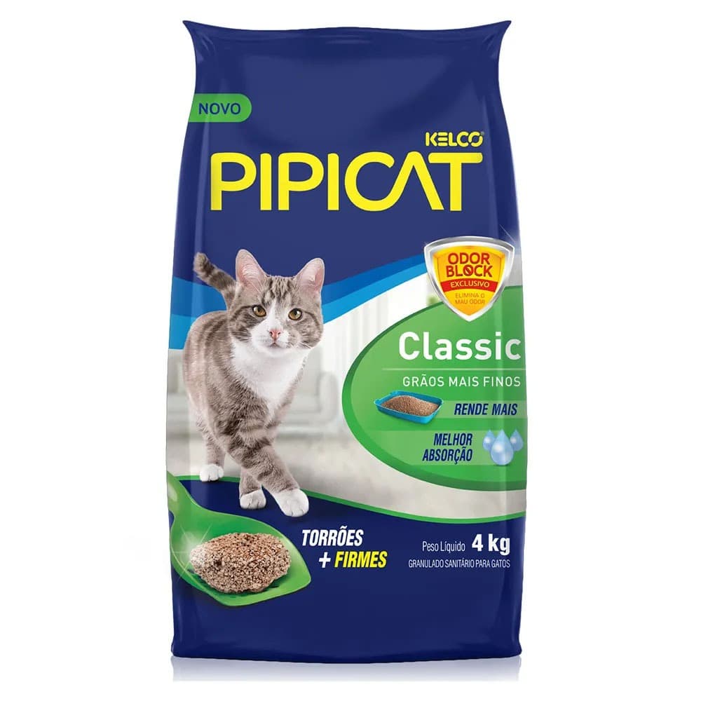 Areia Higiênica Pipicat Classic 4kg - Absorve Urina, Fragrância Natural, Biodegradável