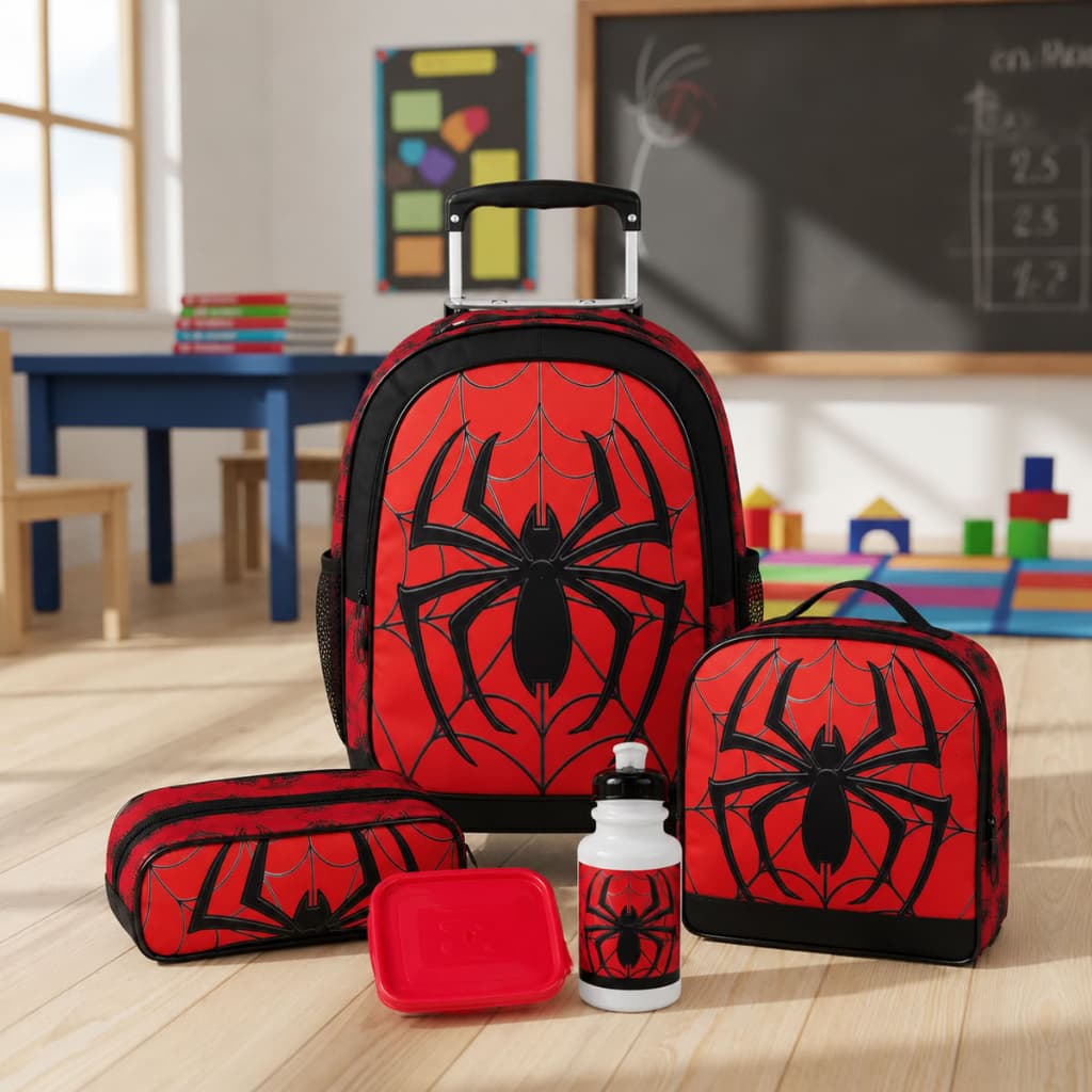 Kit Escolar Infantil Menino Mochila de Rodinhas Spider Aranha Completo
