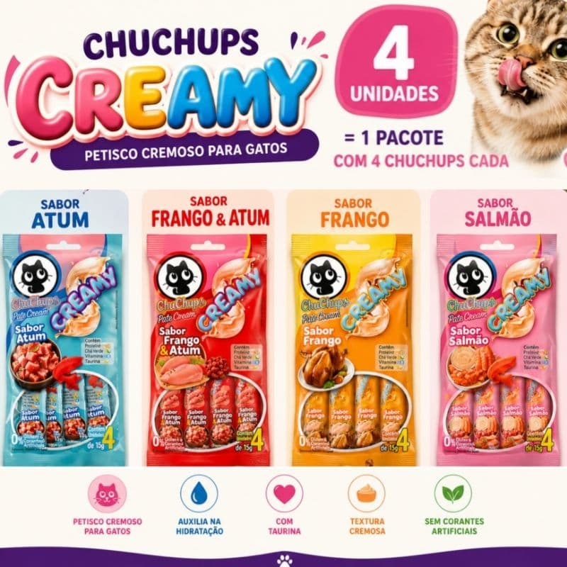 ChuChups Creamy 4 unidades Petisco Para Gatos 4 Sachê 15g cada