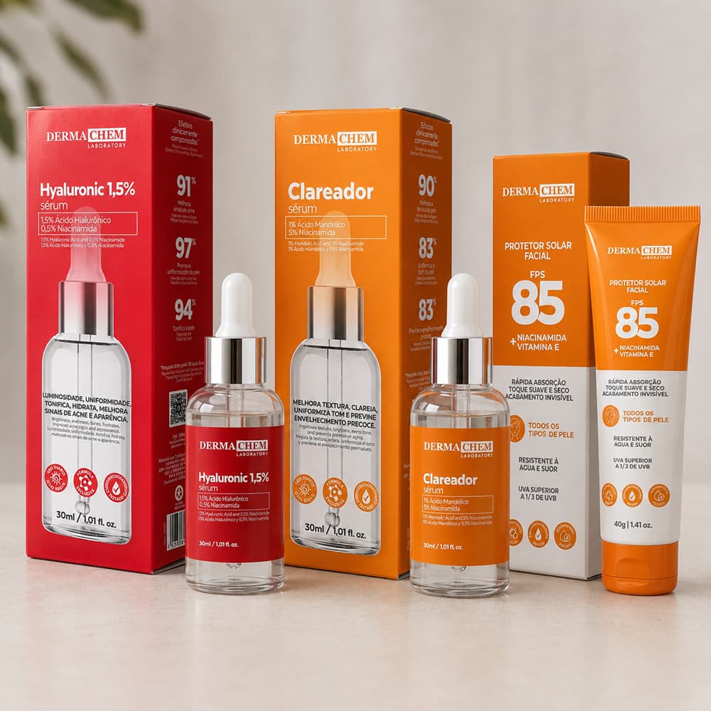 Kit SkinCare Clareador Acido Hialuronico Niacinamida Clareamento Manchas e Anti-idade Protetor Solar Completo Facial