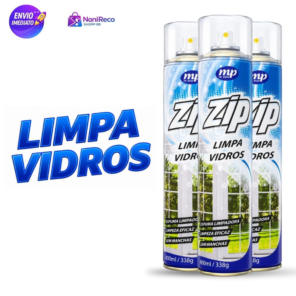 Limpa Vidros ZIP 400ml Spray Limpeza Profunda Brilho sem Manchas Secagem Rápida para Vidros Espelhos Box e Para-brisas