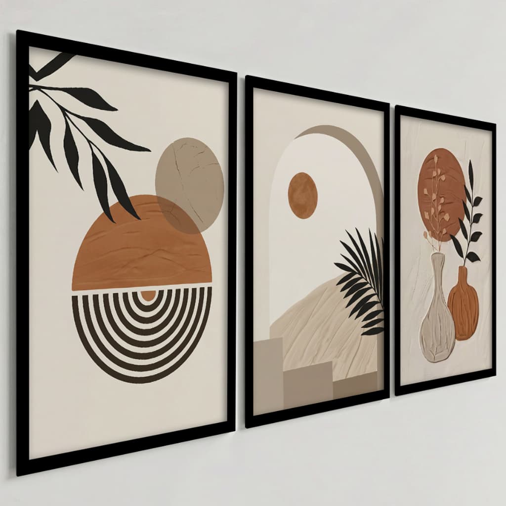 Kit 3 Quadros Decorativos Boho Terracota e Preto Abstrato com Folhagens e Formas Geométricas