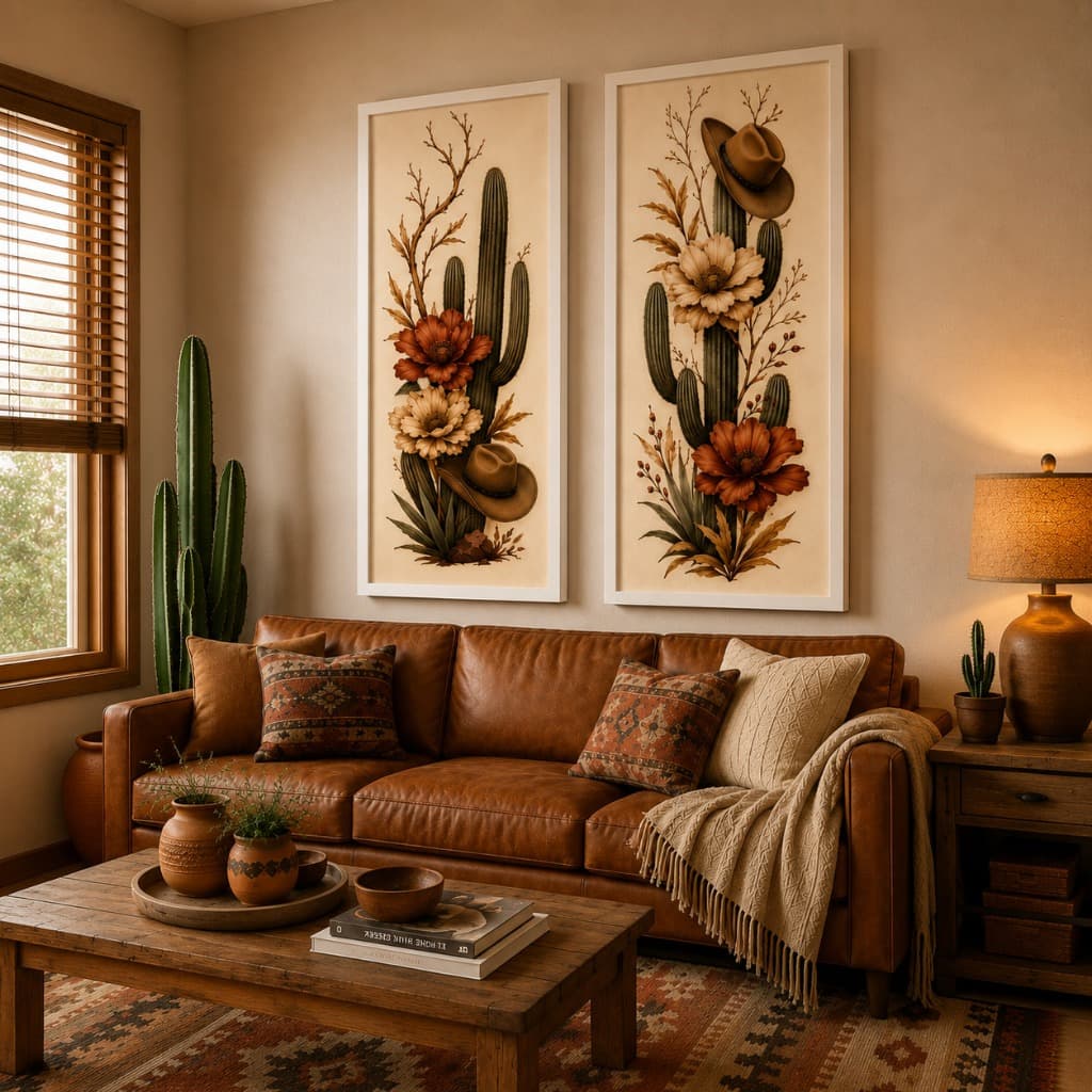Kit 2 Quadros Cacto Western Boho Premium com Flores do Deserto e Chapéu Country Decorativo