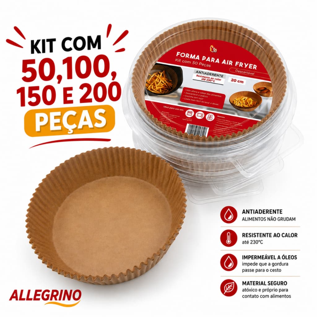 Kit 50 Até 200 Peças Forma Para Air Fryer 20cm Papel Protege Cesto Antiaderente Descartável