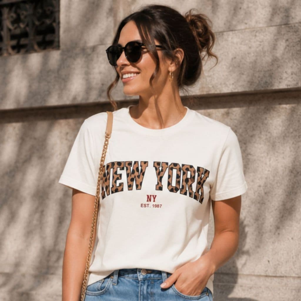 Camiseta Blusa T-Shirt Feminina  New York Estampa Onça 100% Algodão Malha 30.1 Penteada Leve e Confortável de Qualidade