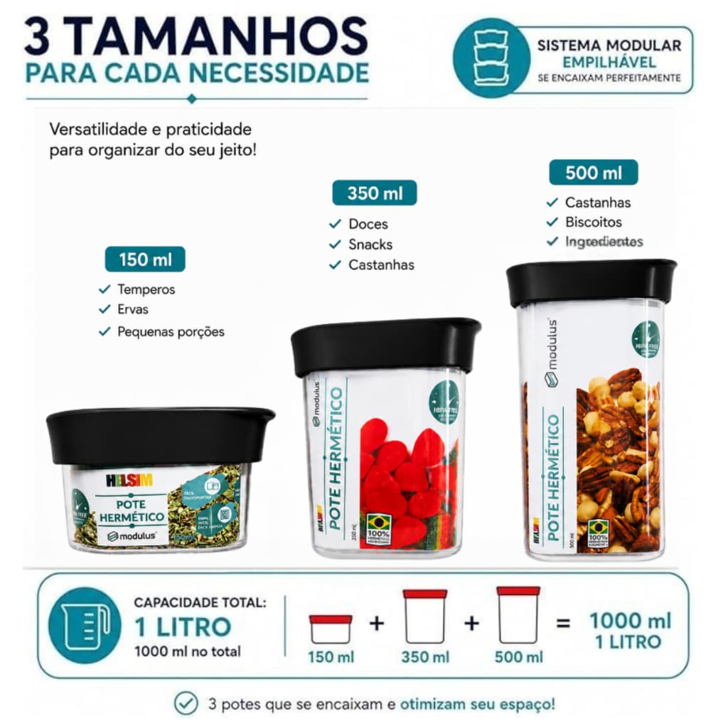 Kit 3 Potes Herméticos Empilháveis Helsim Modulus 150ml 350ml 500ml para Organização de Alimentos
