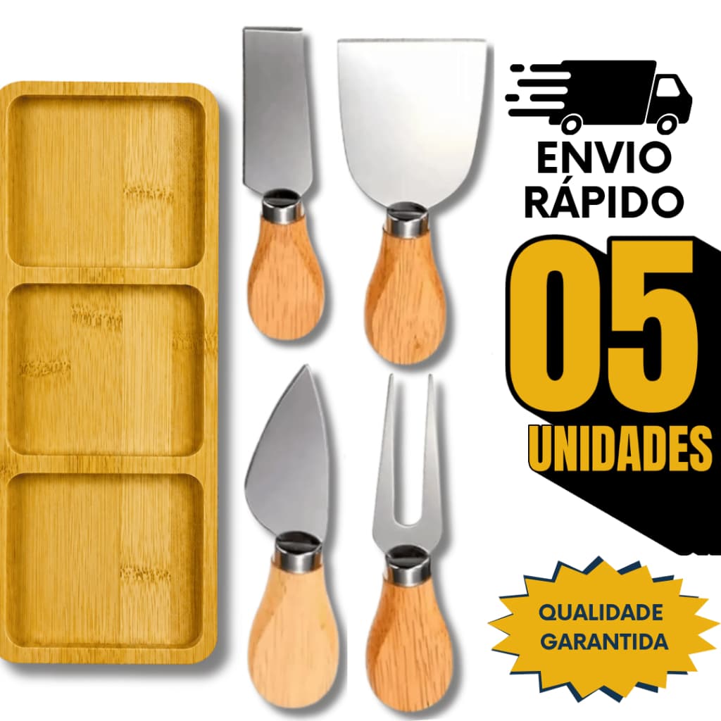 Petisqueiras Bambu + Kit Queijos 4 Peças Aço Inox Cabo Madeira Gourmet Queijo Frios Petiscos Premium