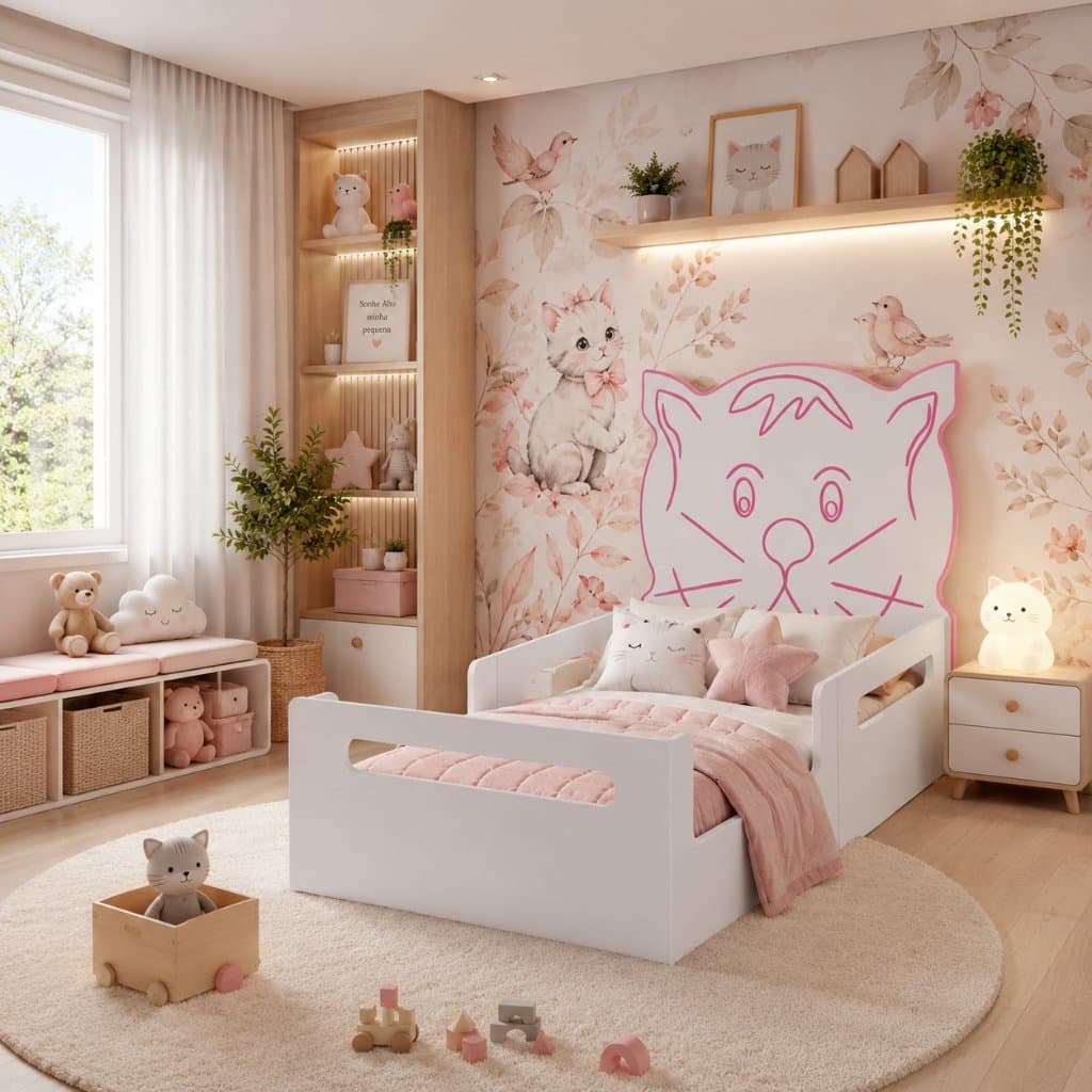 Cama Montessori Infantil Baixa Com Proteção Lateral Cabeceira Gatinho Para Quarto Infantil
