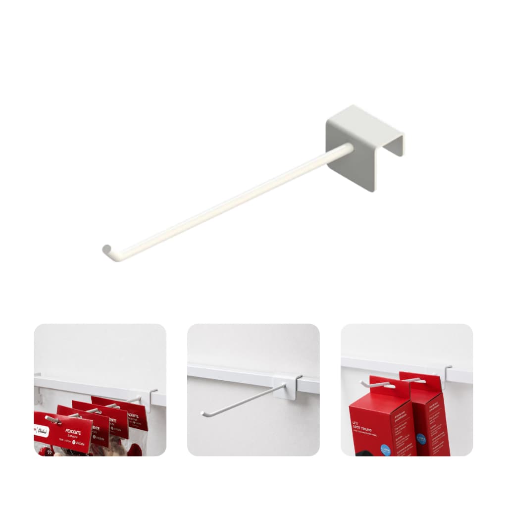 Kit 50 Gancho Expositor para Régua Gôndola Barra Reta Tubo 20x30 5mm Trilho Aço Resistente Branco