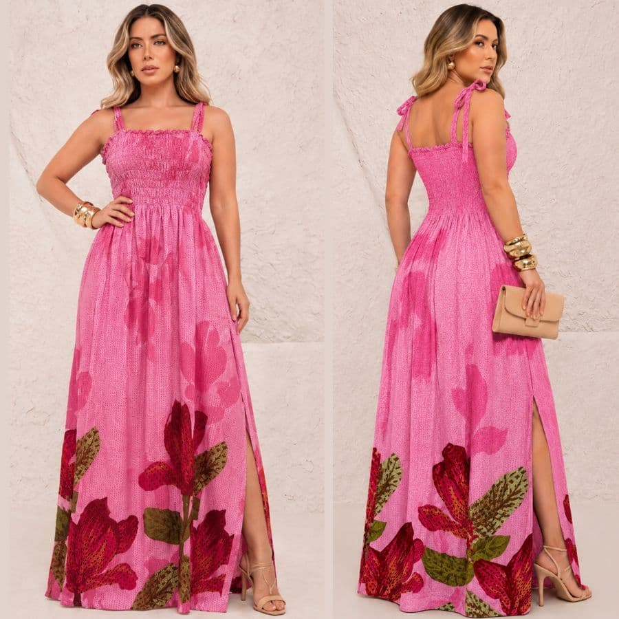 Vestido longo moda cristã feminino em Viscose/Viscolinho casual de alça Muito Lindo com elástico.