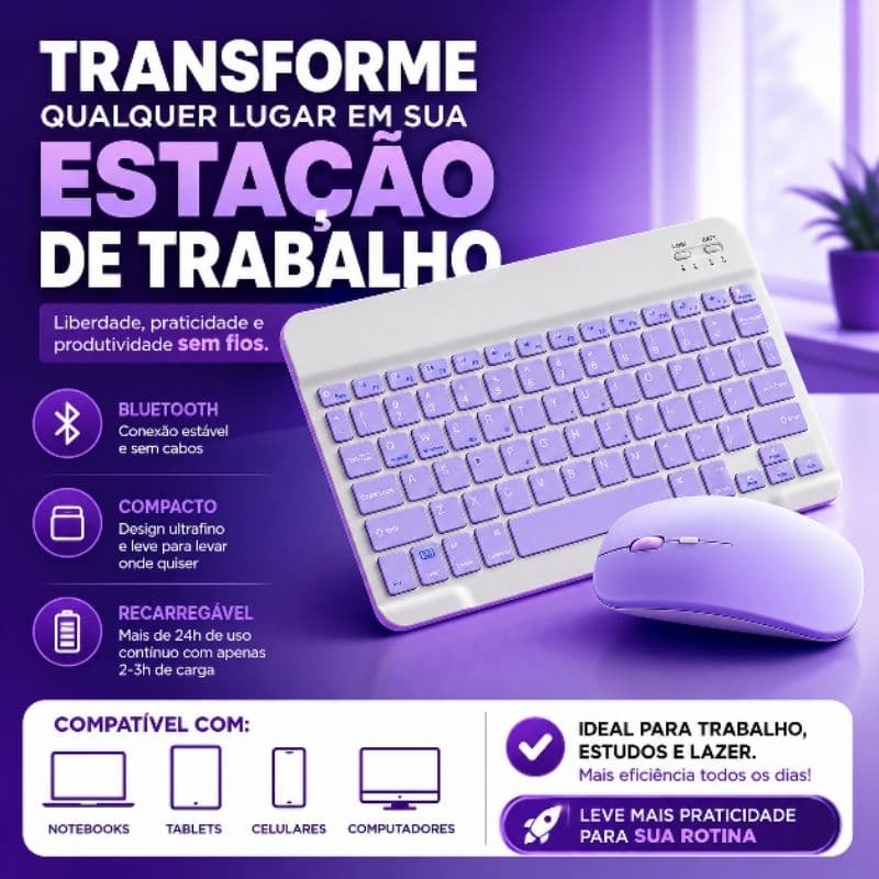 Teclado e Mouse Bluetooth Sem Fio Para Notebook Tablet Recarregável Ultrafino DPI Ajustável Roxo