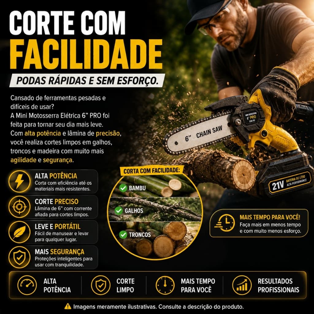 Mini Motosserra Elétrica 6" Sem Fio Bateria Recarregável Portátil Para Poda de Galhos Madeira