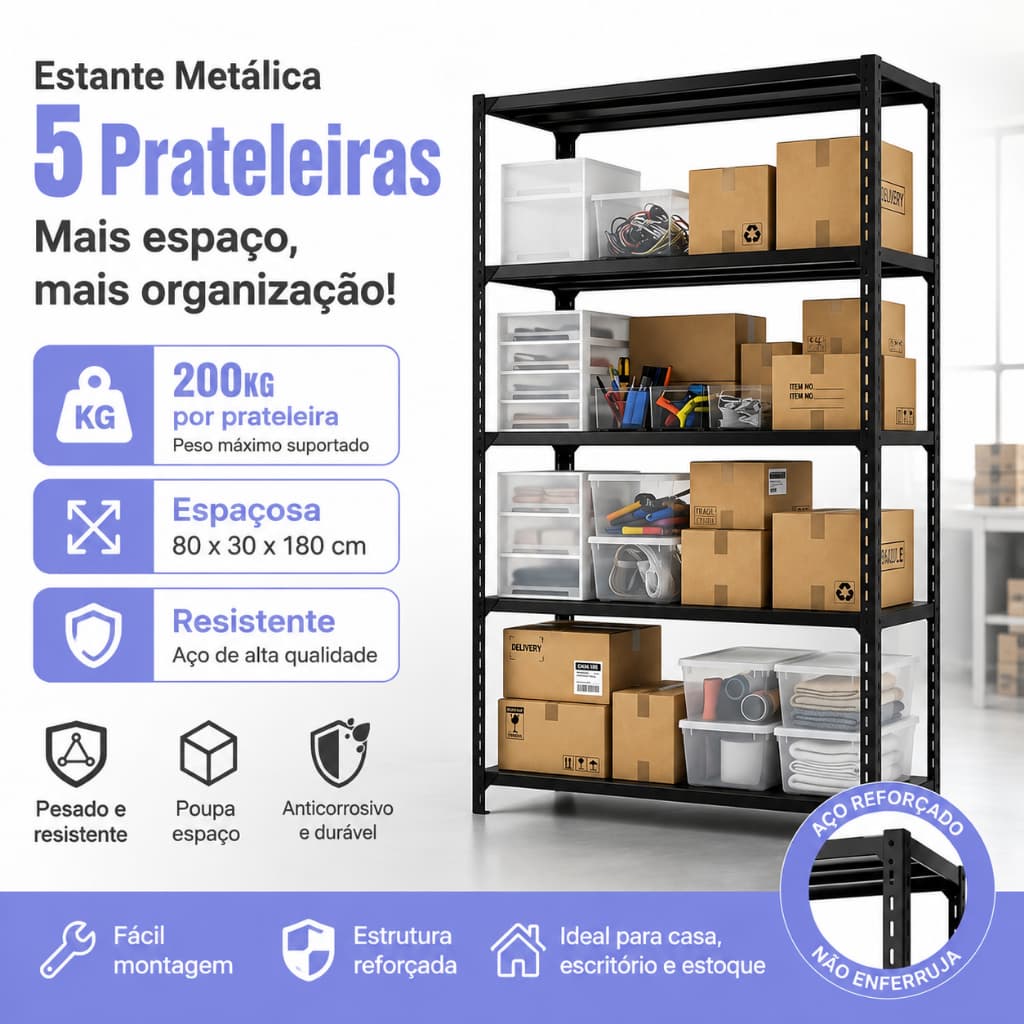 Prateleira Aço 5 Andares Reforçada 80x30x180cm Carga Máxima 200kg