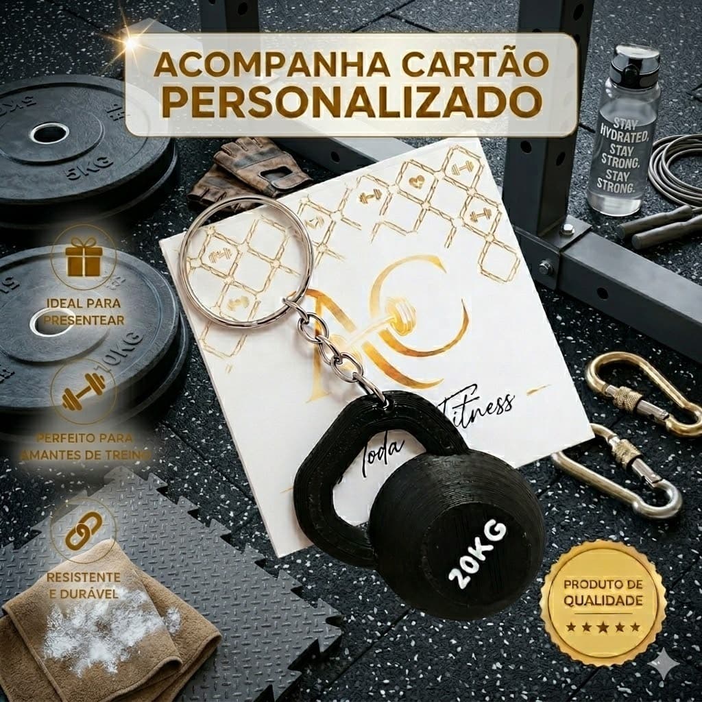 Chaveiro Fitness Kettlebell Halter + Cartão Personalizado Mimo Para Clientes Loja Moda Fitness Academia Atacado
