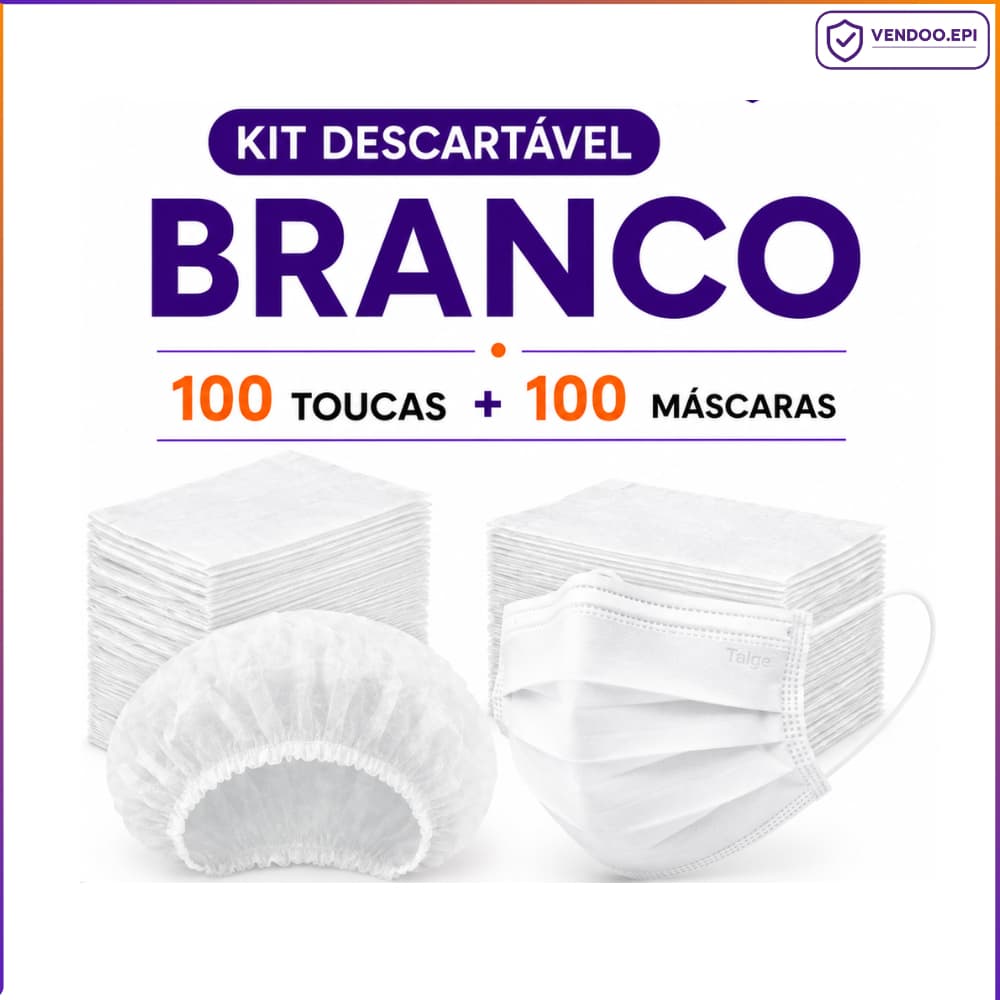 Kit Branca 100 Touca Descartável TNT + 100 Máscara Tripla Camada