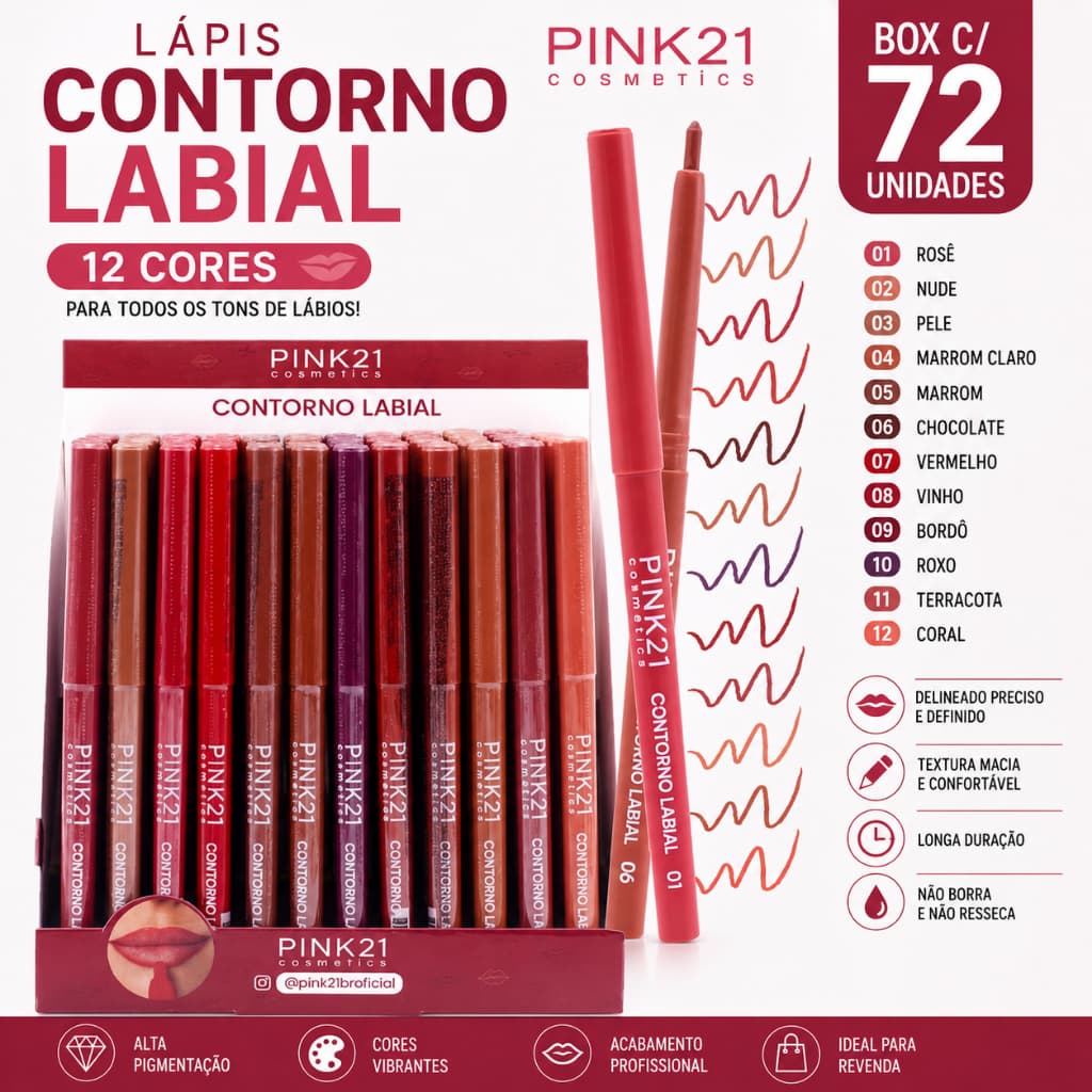 Box 72 Lápis Contorno Labial Pink 21 CS5129 12 Cores Revenda